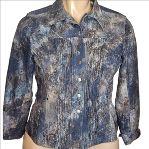 Coldwater Creek Floral Gray Purple Pleats Long Sleeve Denim Jacket, Women's 16